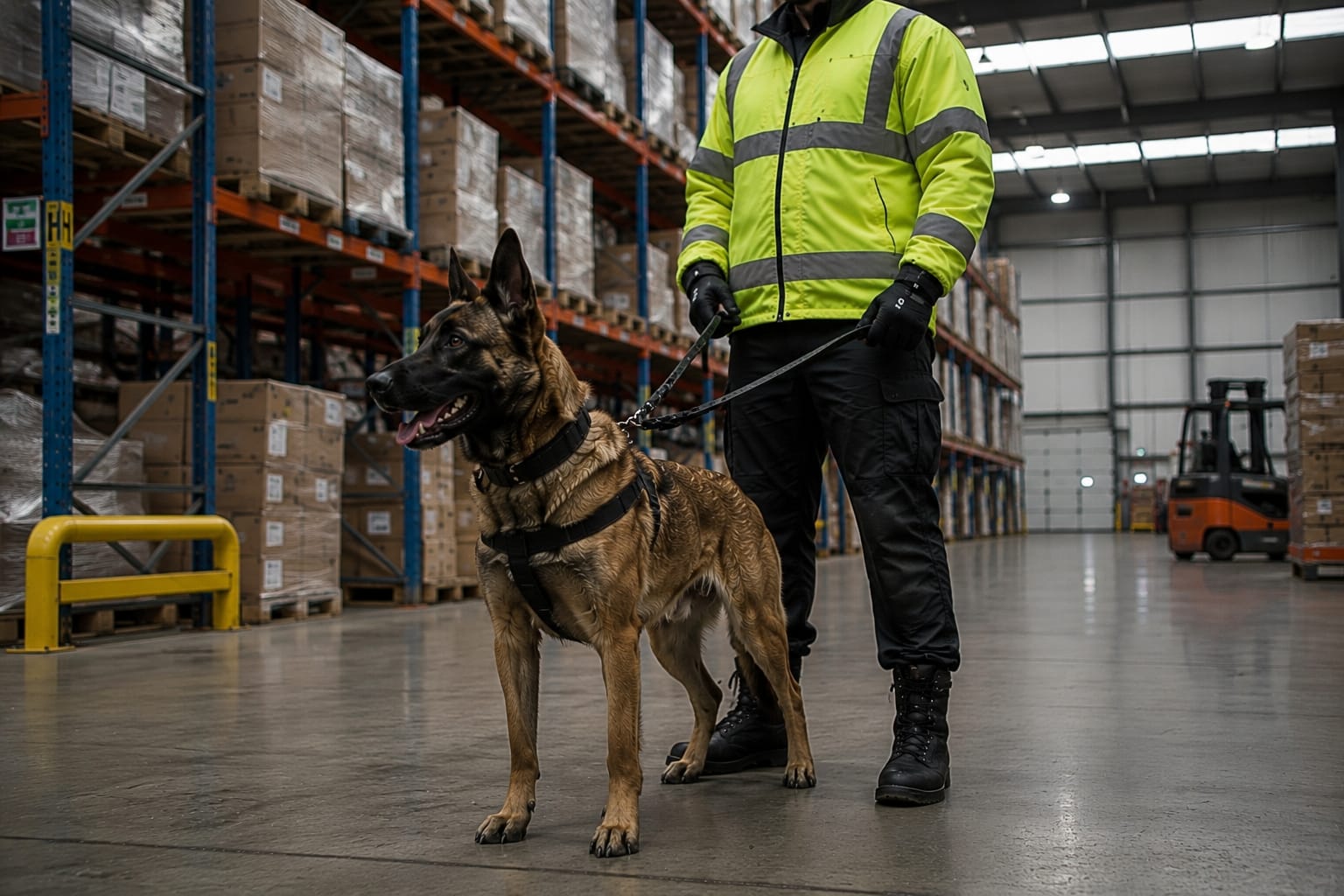 Security dog handler and patrol dog protecting a commercial site in Nottingham