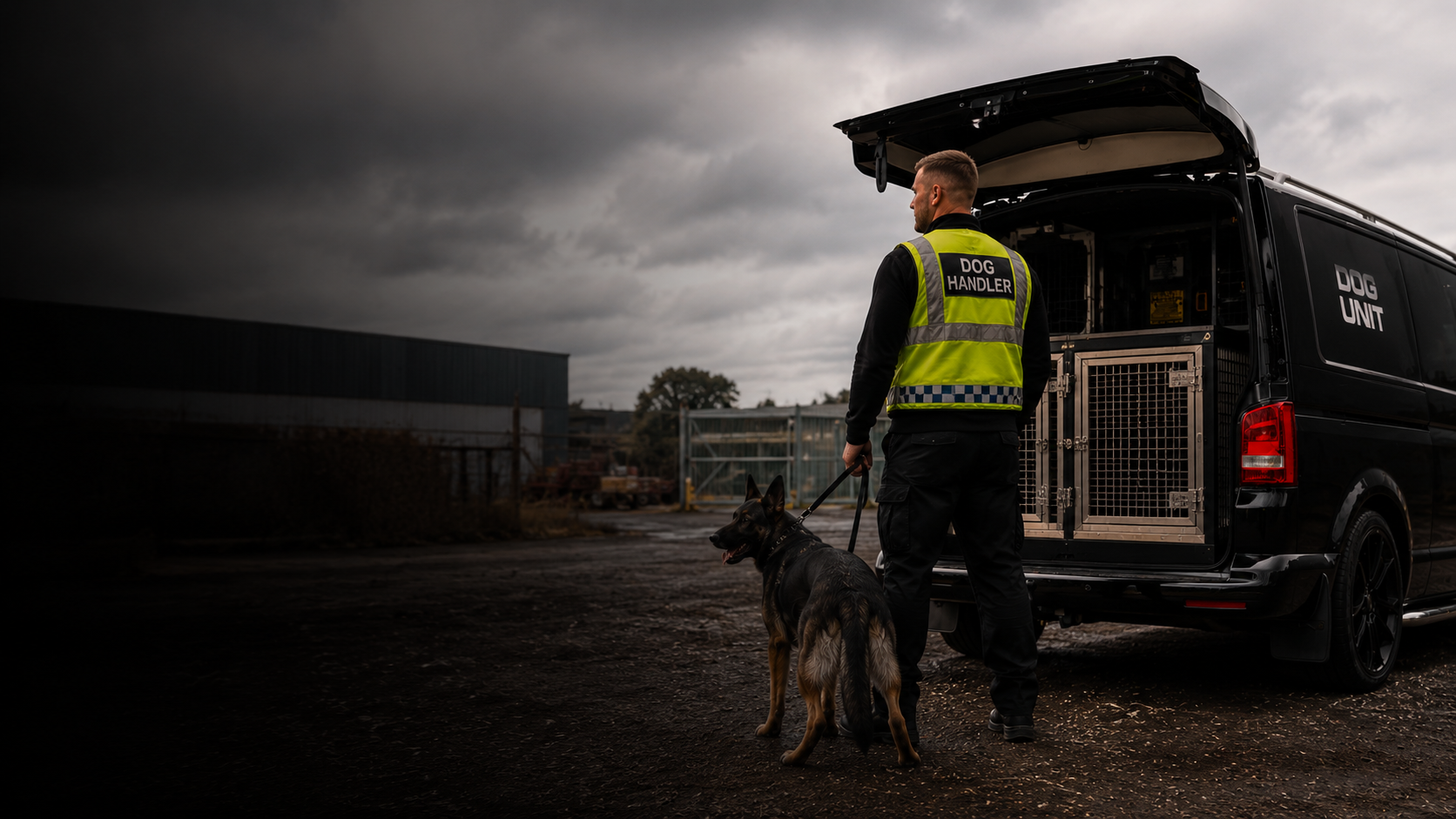 Security dog handler patrol with a black dog