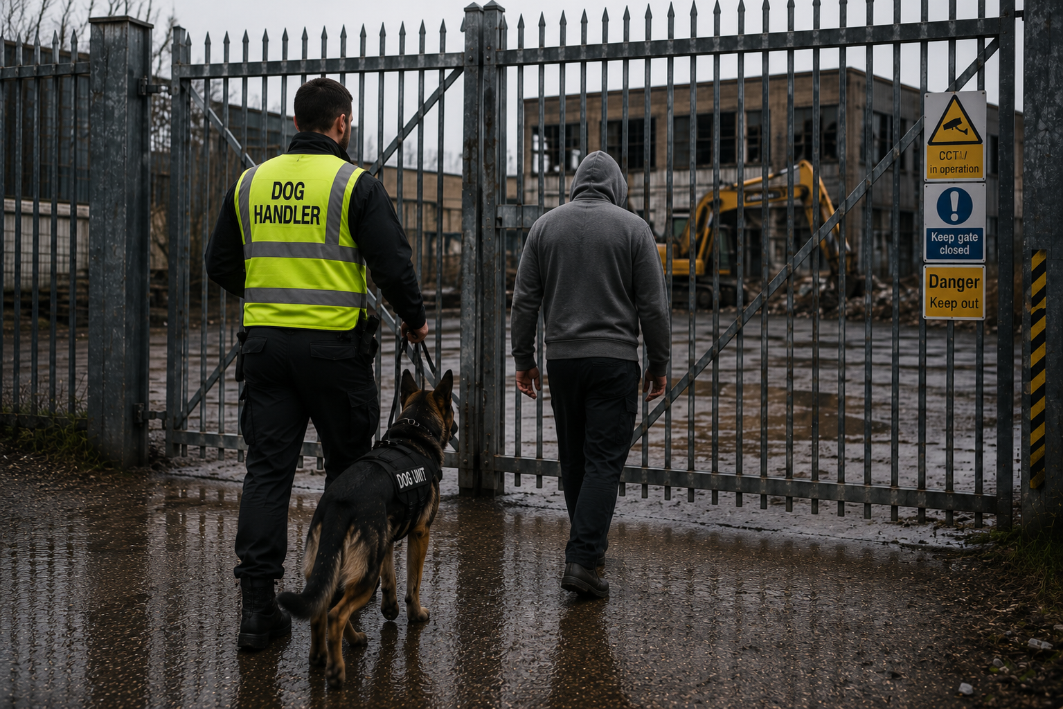Security dog handler patrol with a black dog
