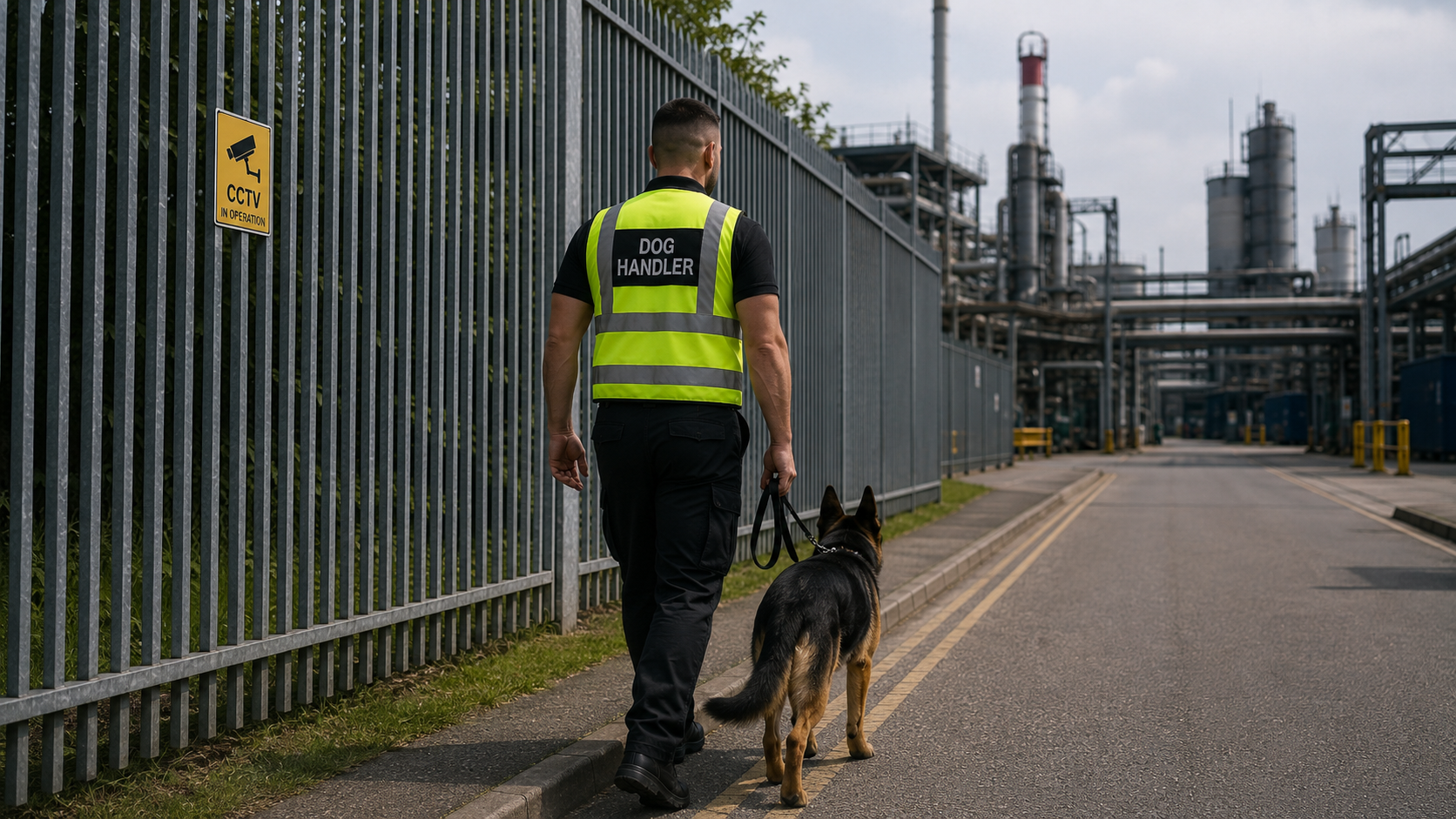Security dog handler patrol with a black dog