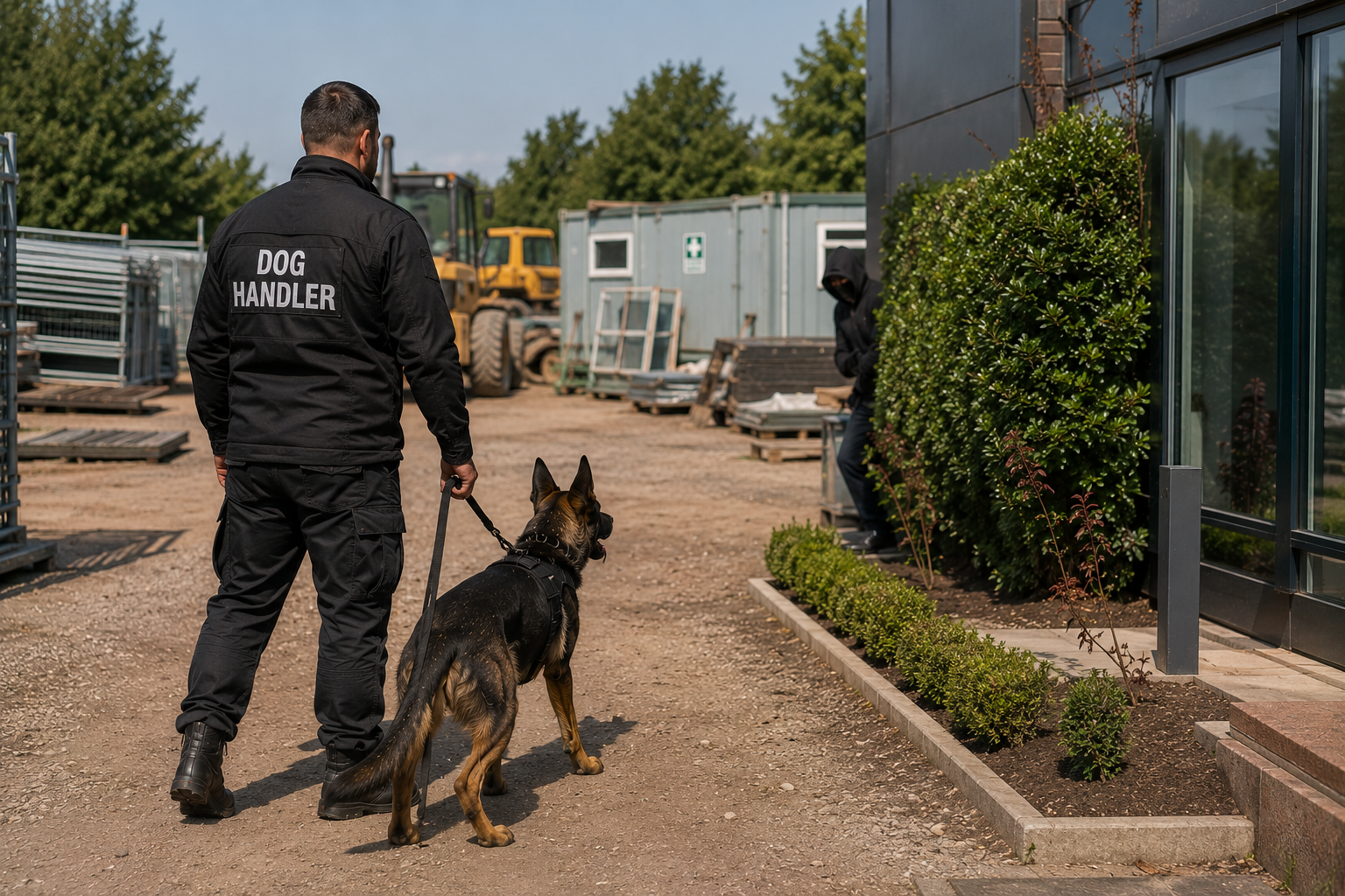 Security dog handler patrol with a black dog