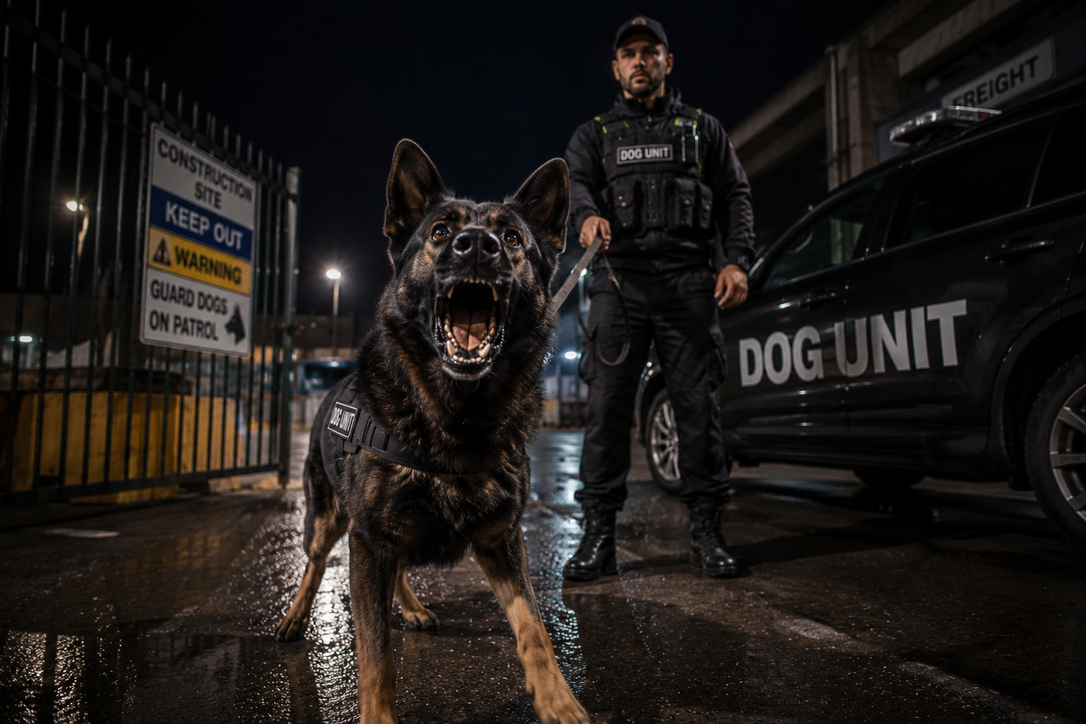 Security dog handler patrol with a black dog