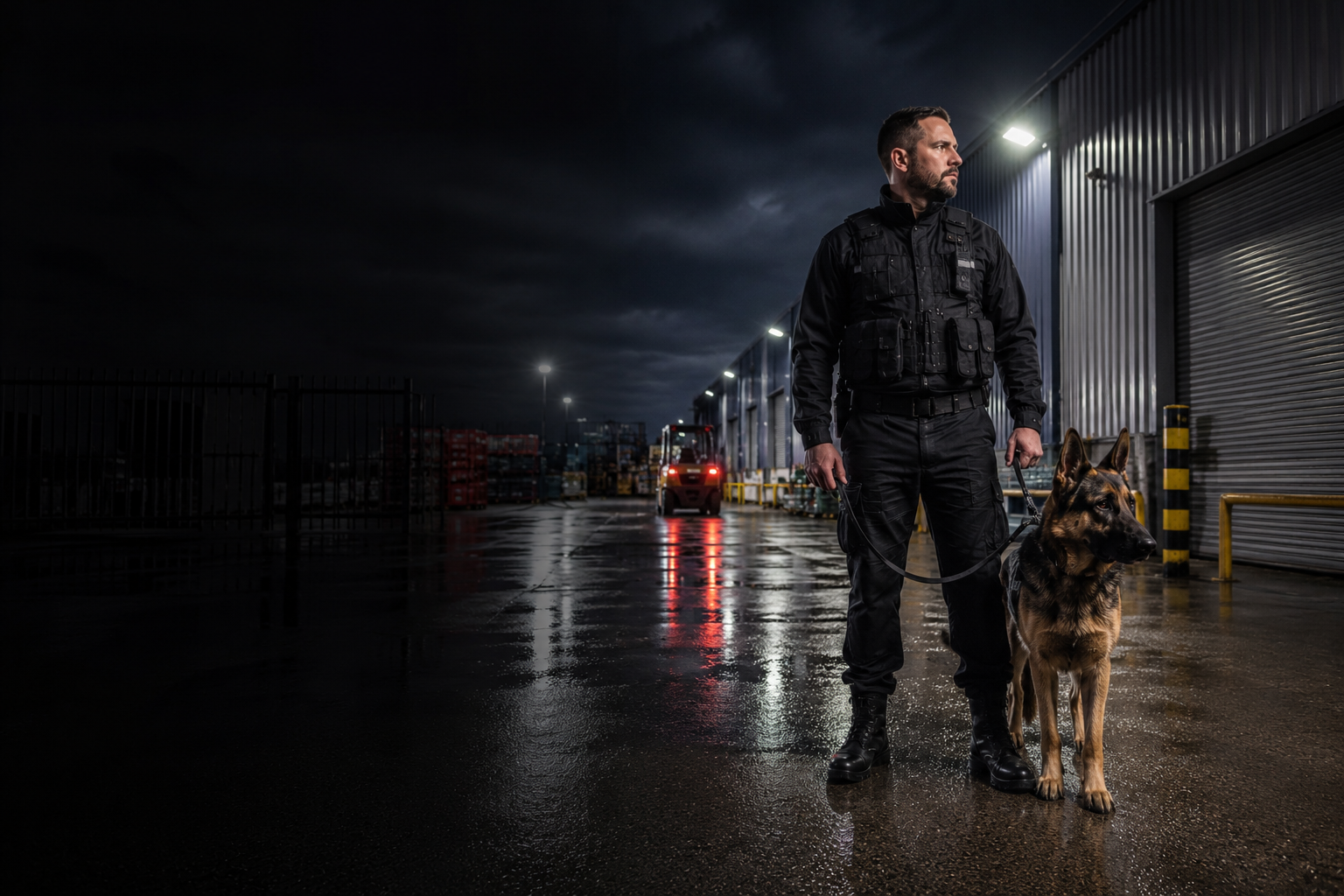 Security dog handler patrol with a black dog