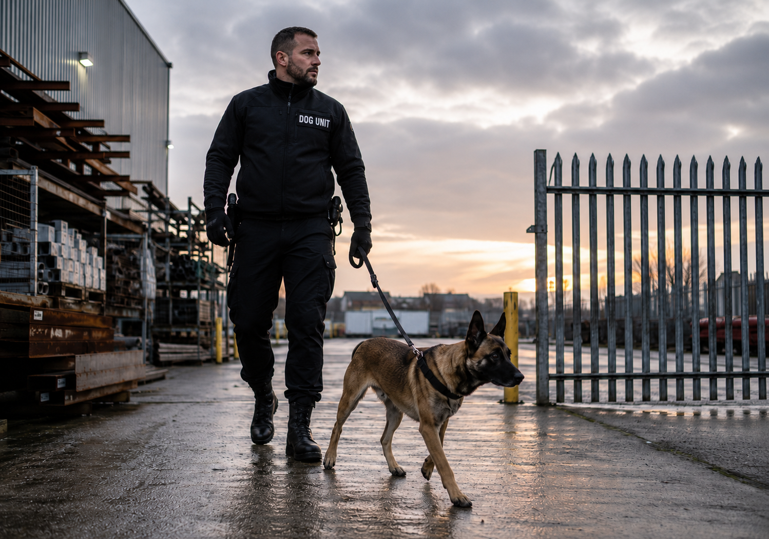 Security dog handler patrol with a black dog