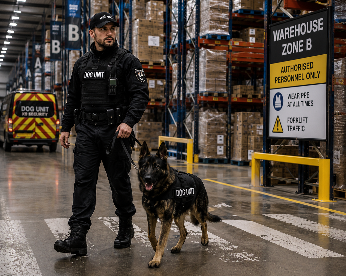 Security dog handler patrol with a black dog