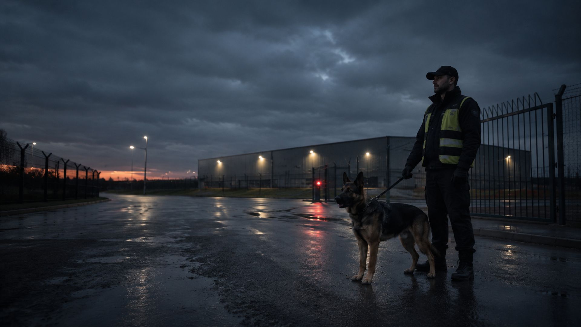 Security dog handler patrol with a black dog