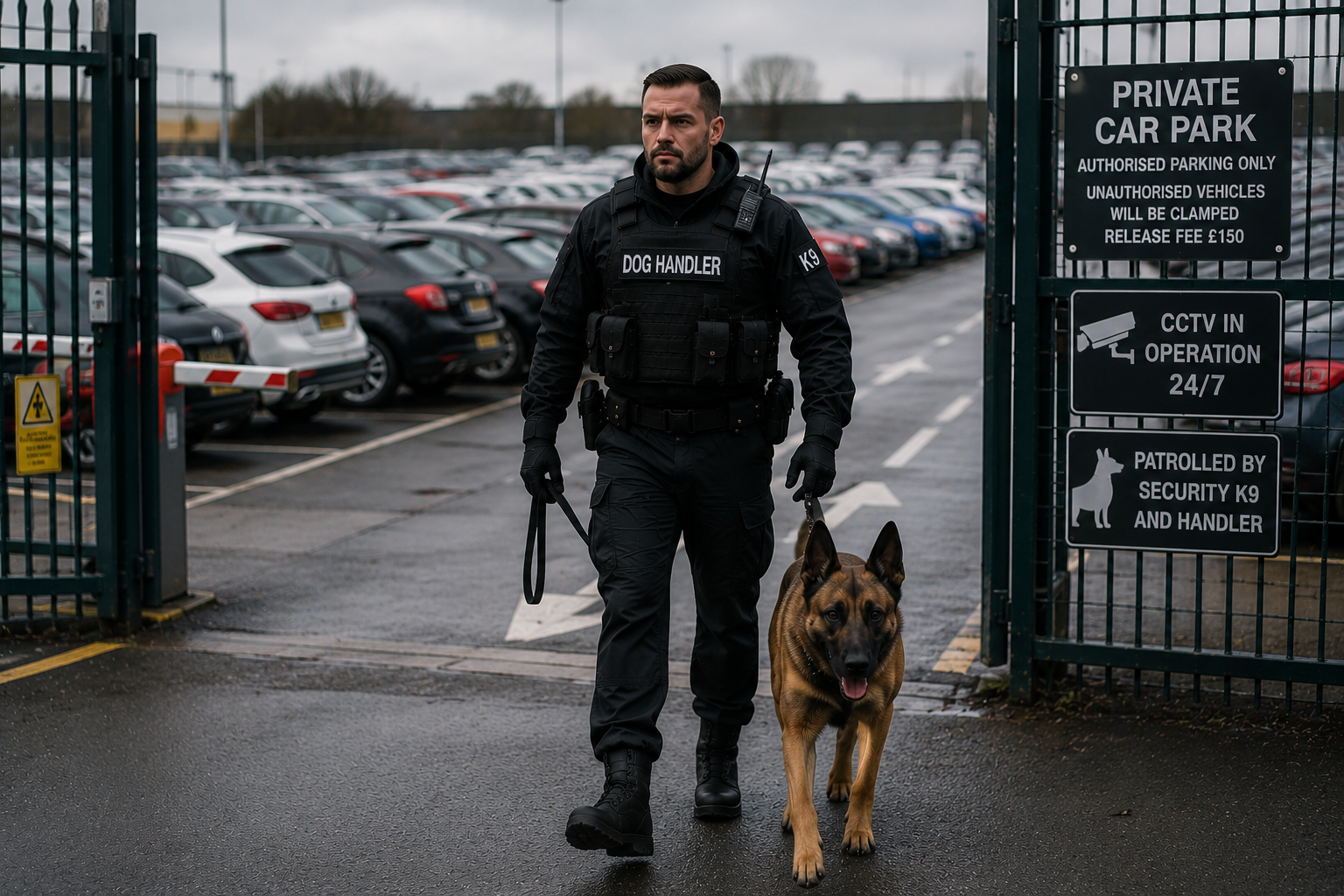 Security dog handler and dog inside a warehouse aisle