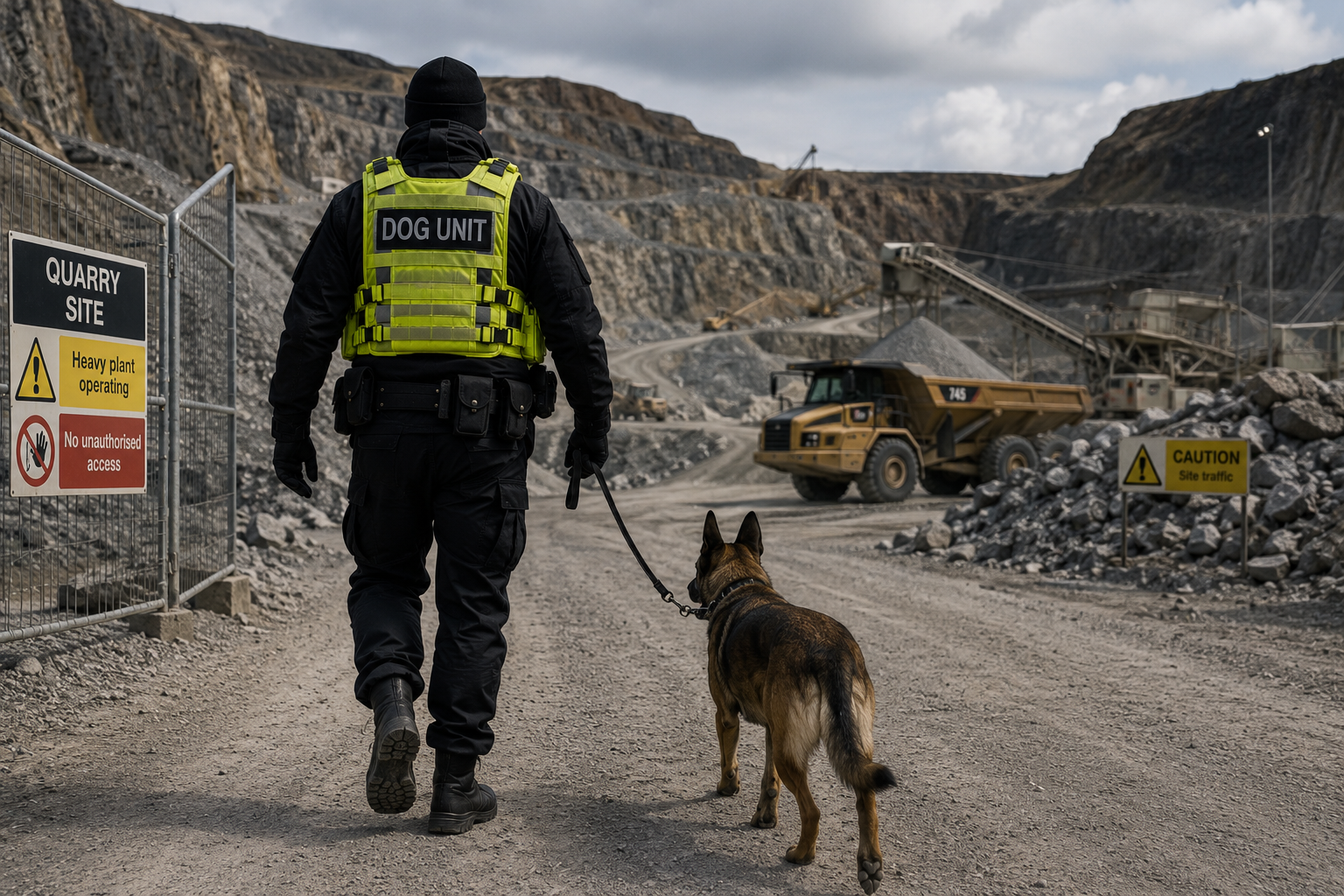 Security dog handler and dog inside a warehouse aisle