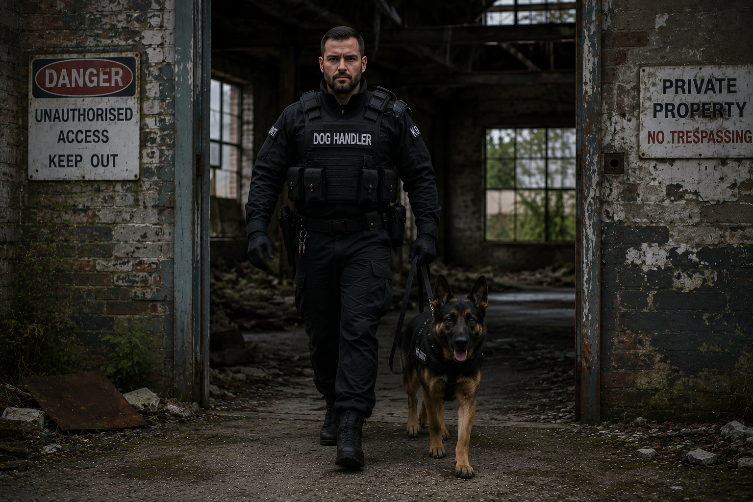 Security dog handler and dog inside a warehouse aisle