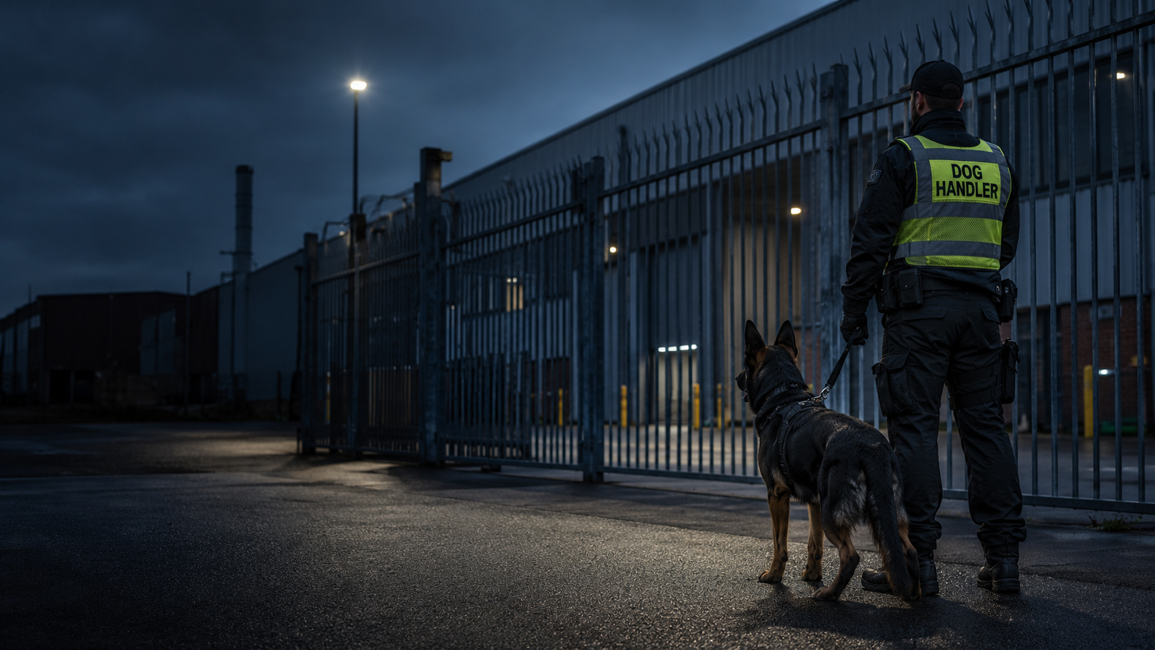 Security dog handler patrol with a black dog