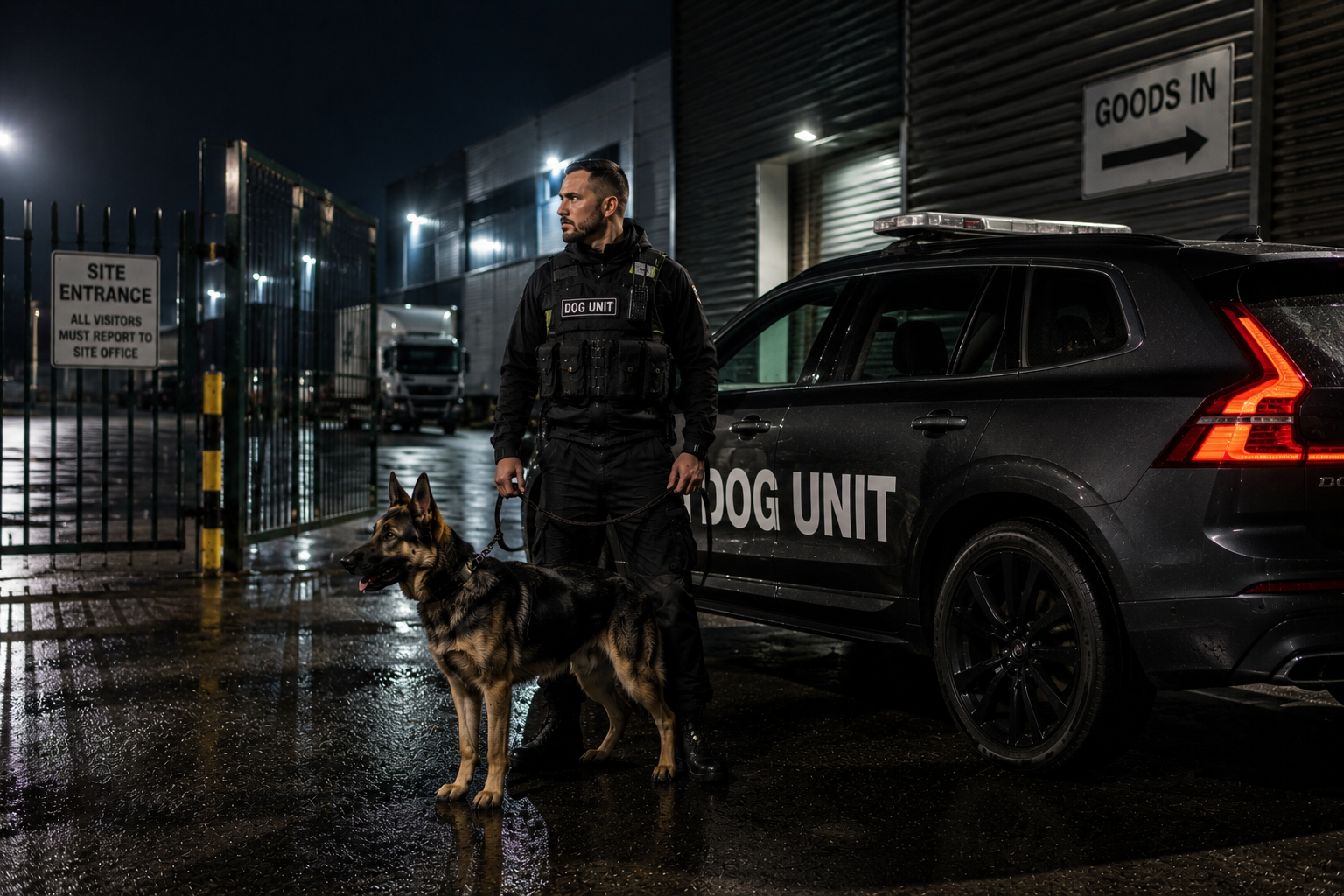 Security dog handler patrol with a black dog