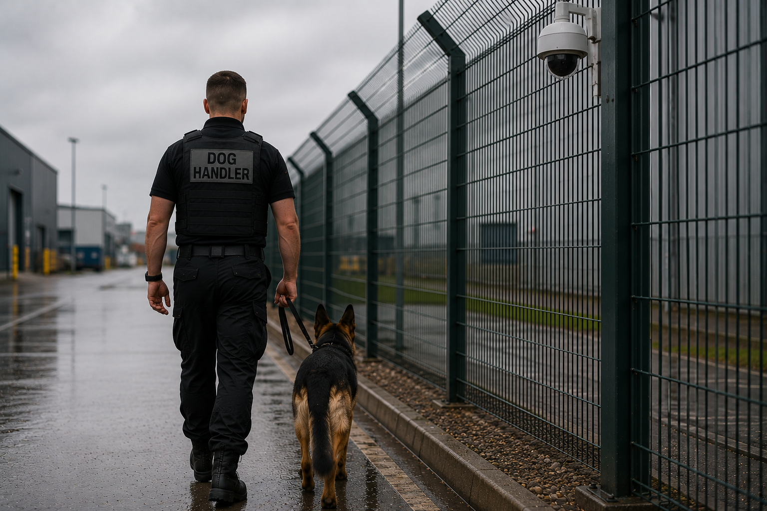 Security dog handler patrol with a black dog