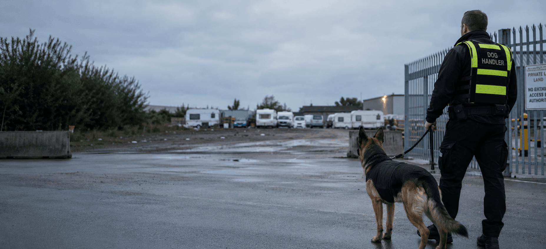 How to evict Travellers from private land with a security dog handler monitoring access to a private industrial site