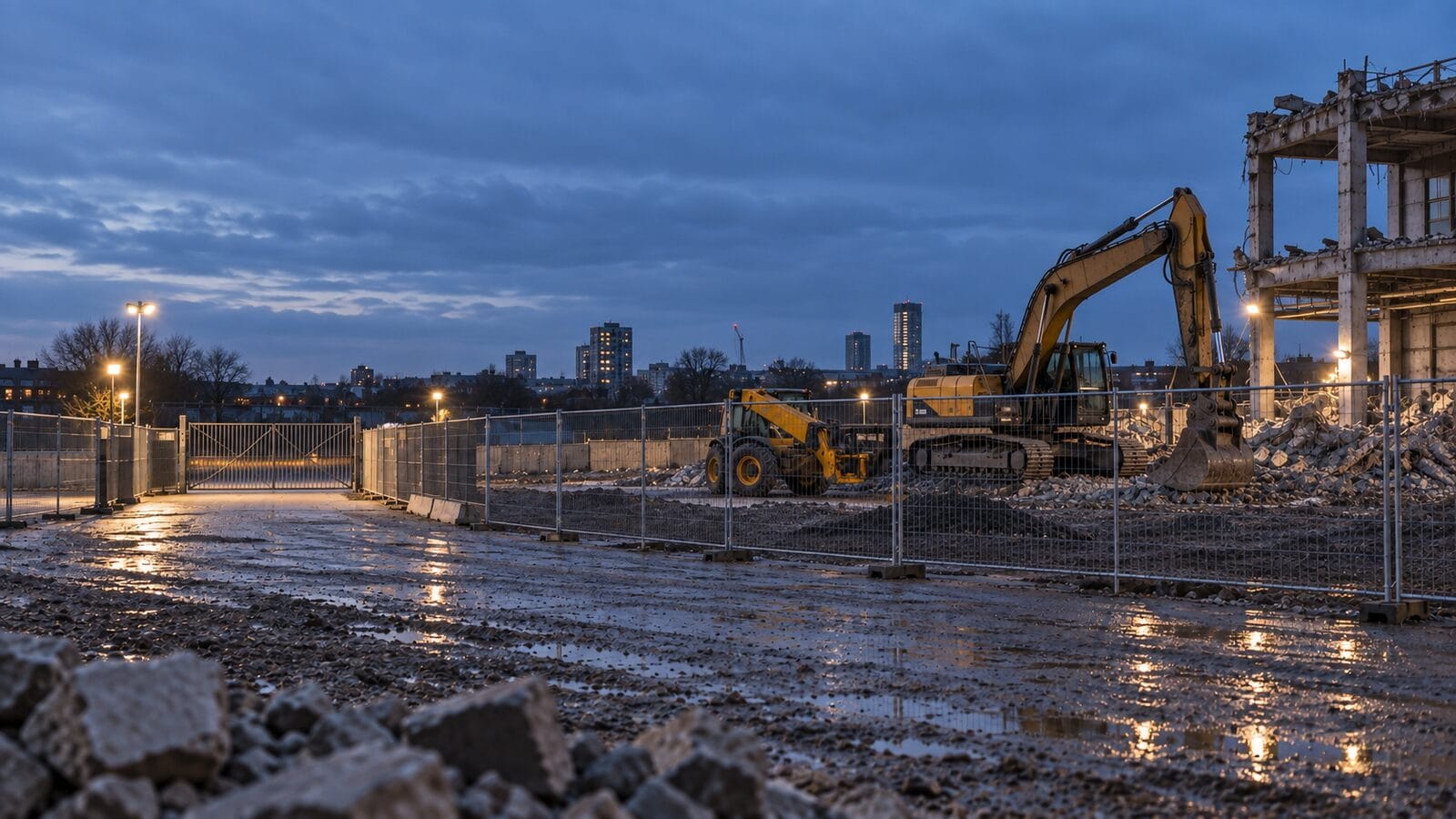 Plant theft prevention at an evening demolition site with an excavator and telehandler behind temporary fencing