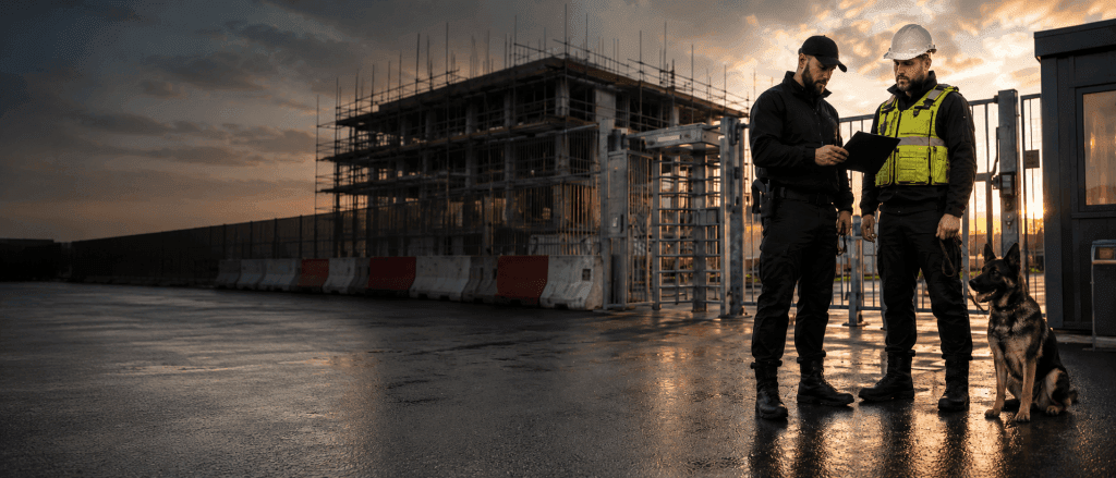 Construction site security handover with dog handler and site representative at a controlled site entrance