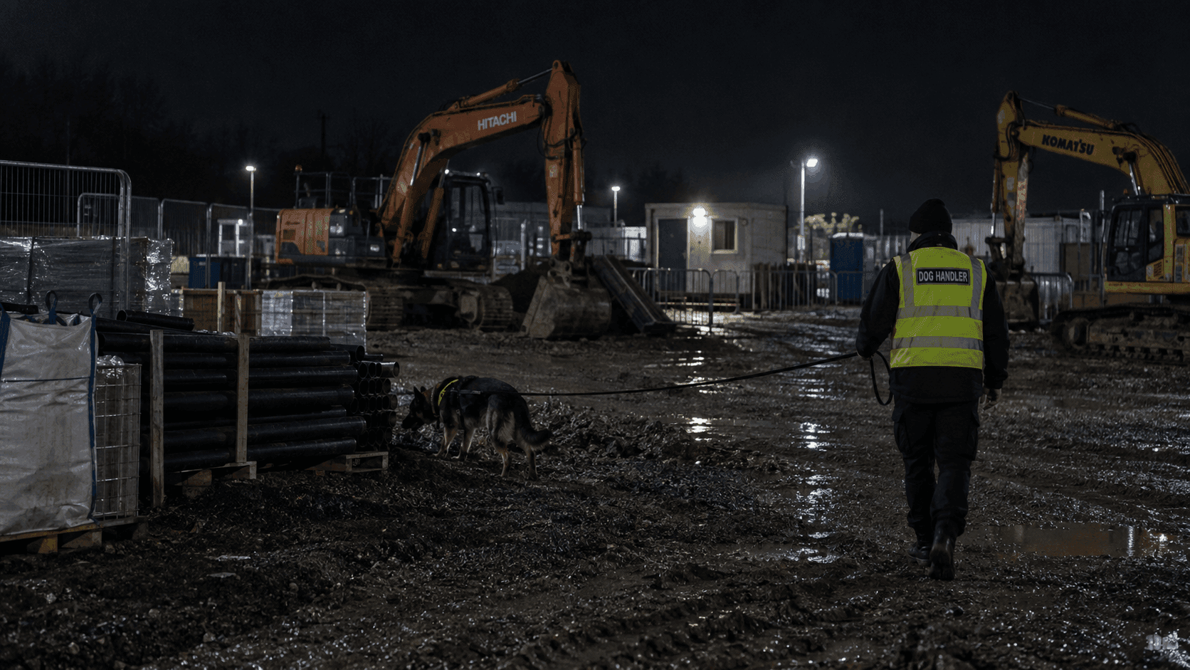 Security dog handler and German Shepherd patrolling a muddy construction site at night between parked excavators.