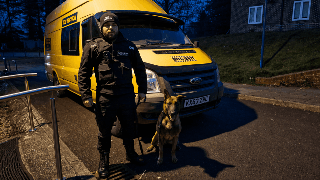 Security dog handler and trained dog preparing for a planned site deployment