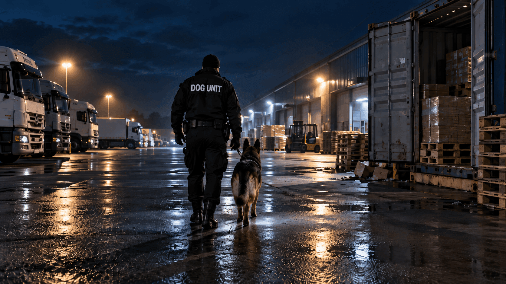 Warehouse Security Checklist with Dog Unit handler and security dog patrolling a warehouse yard at night