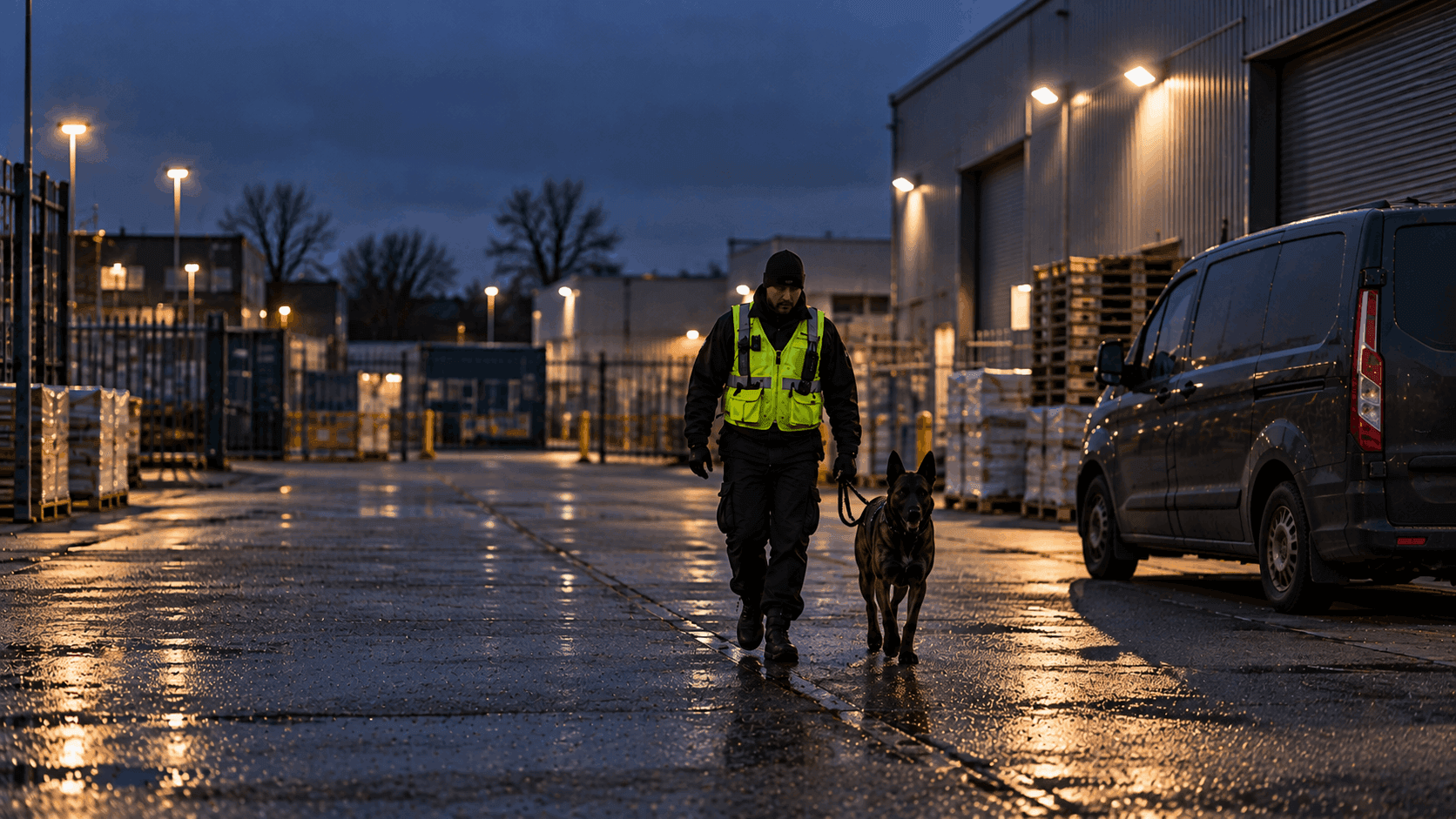 Security dog handler in London walking towards the camera with a dog on a lead and a parked van nearby.