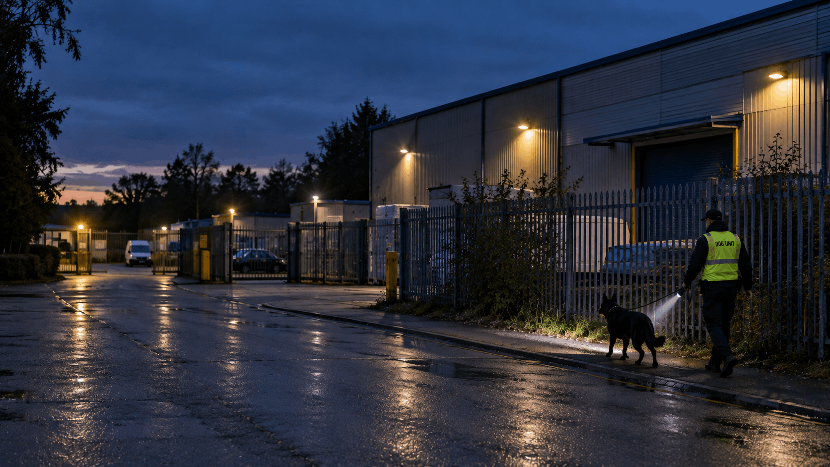 Security dog handler patrol with a black dog