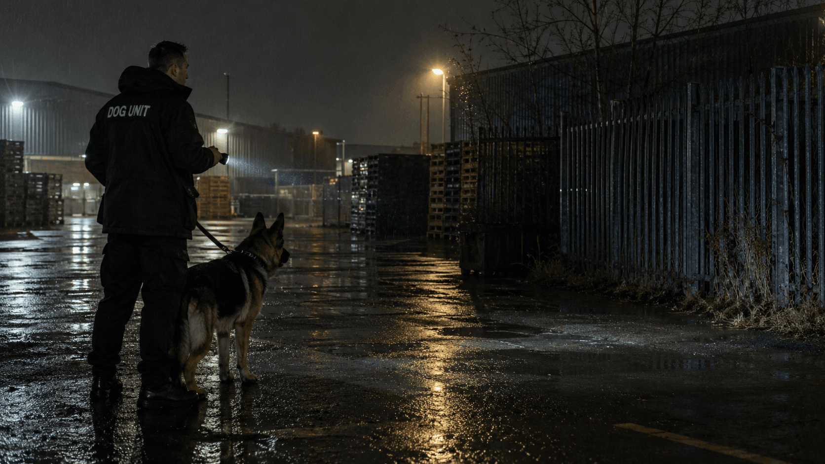 Security dog handler observing an industrial site at night in Burton upon Trent
