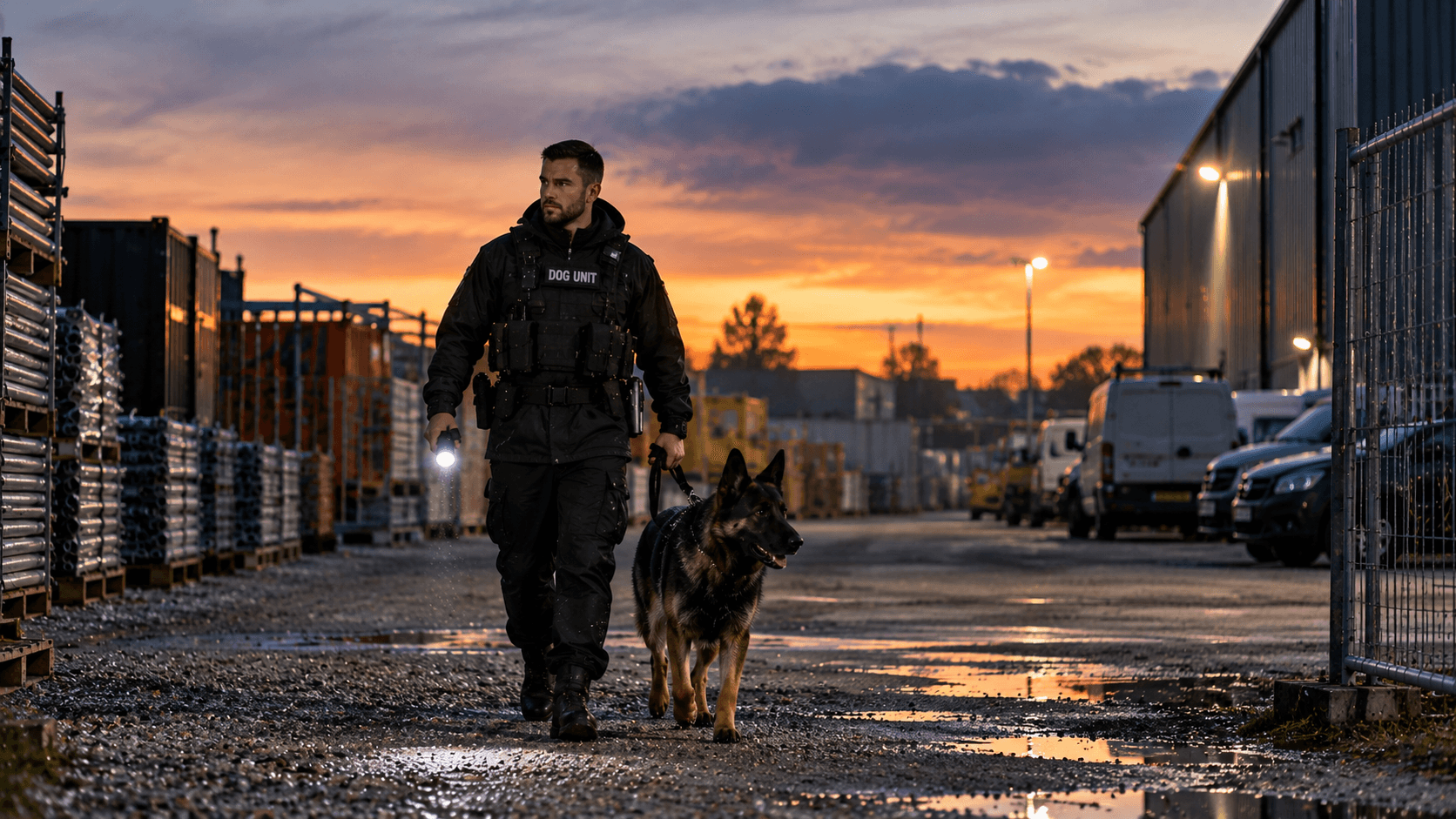Security dog unit patrolling an industrial yard at dusk in Warwick