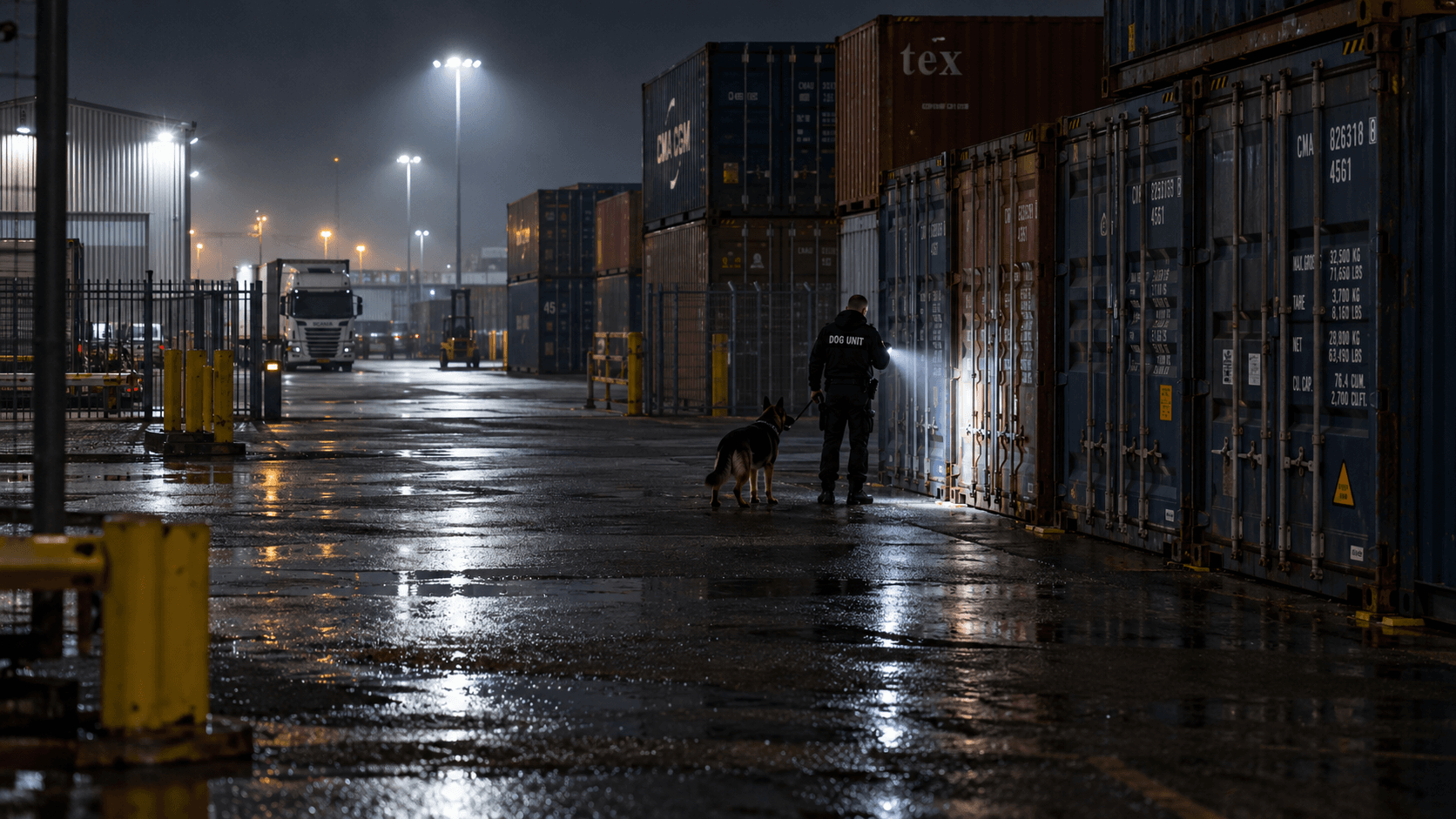 Security dog handler inspecting a container yard at night in Tamworth