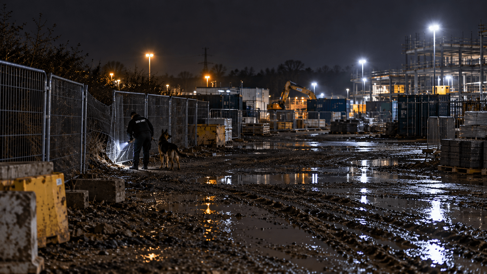 Security dog handler inspecting damaged perimeter fencing at night in Rugby