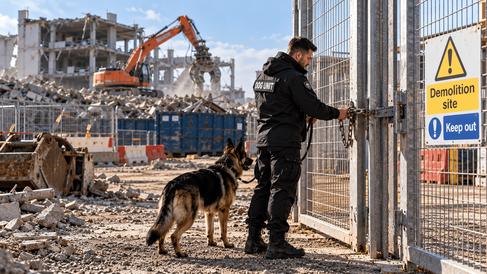 Security dog handler checking a demolition site gate in Mansfield