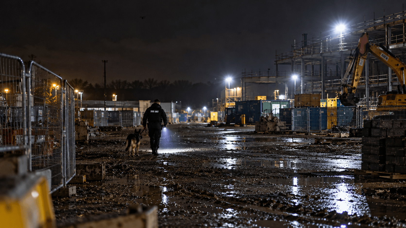 Security dog handler patrolling a large construction site at night in Chesterfield