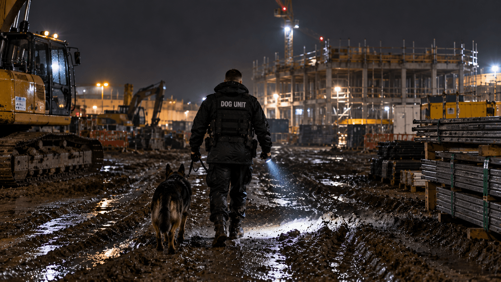 Security dog handler patrolling a muddy construction site at night in Worksop