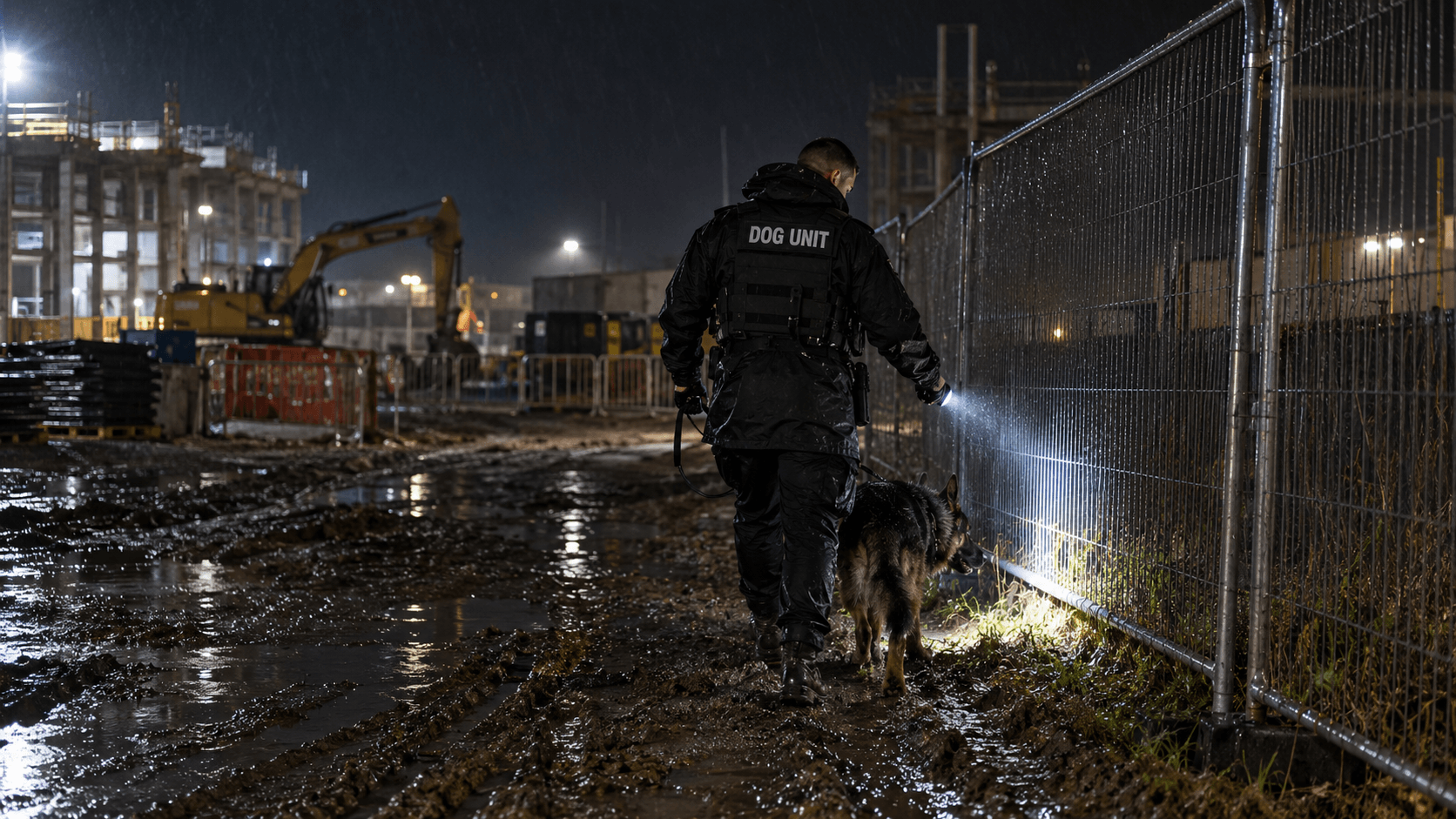 Security dog handler patrolling a rainy construction site perimeter in Basingstoke