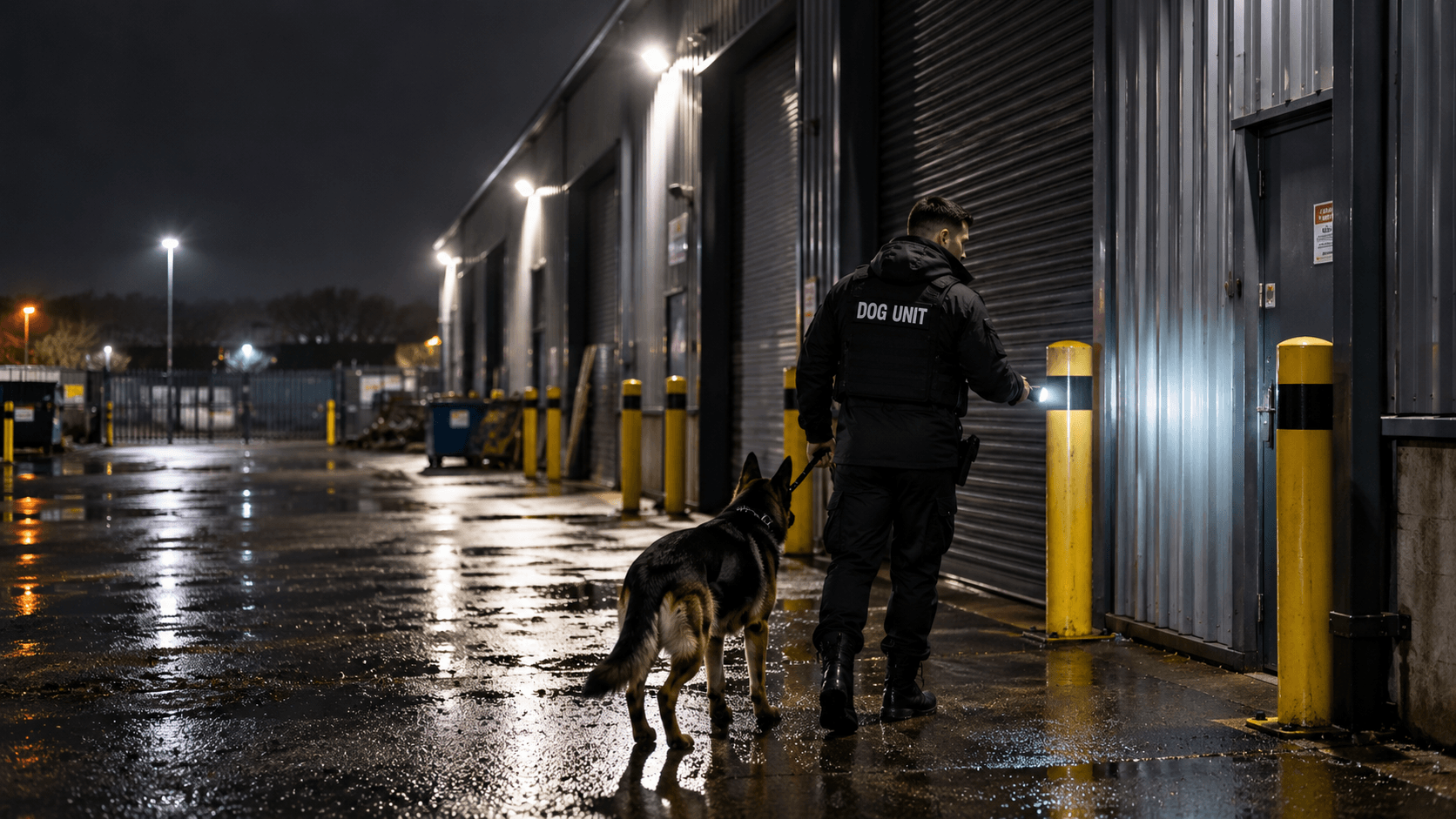 Security dog handler patrolling outside a warehouse at night in Manchester