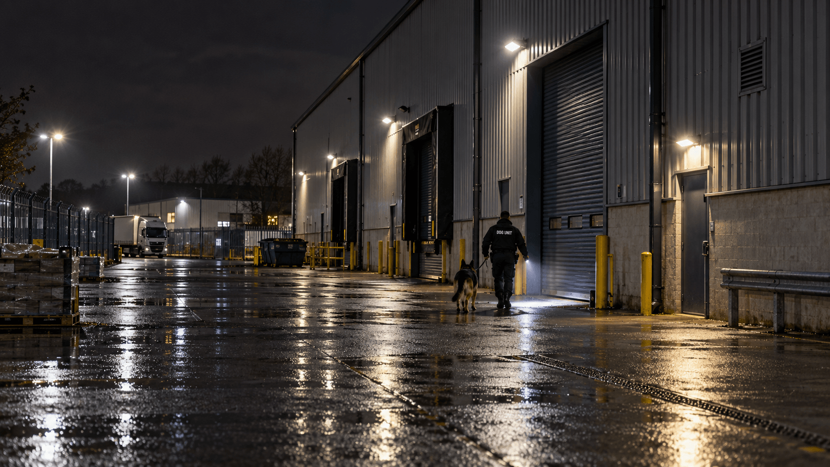 Security dog handler carrying out a wide warehouse night patrol in Southampton